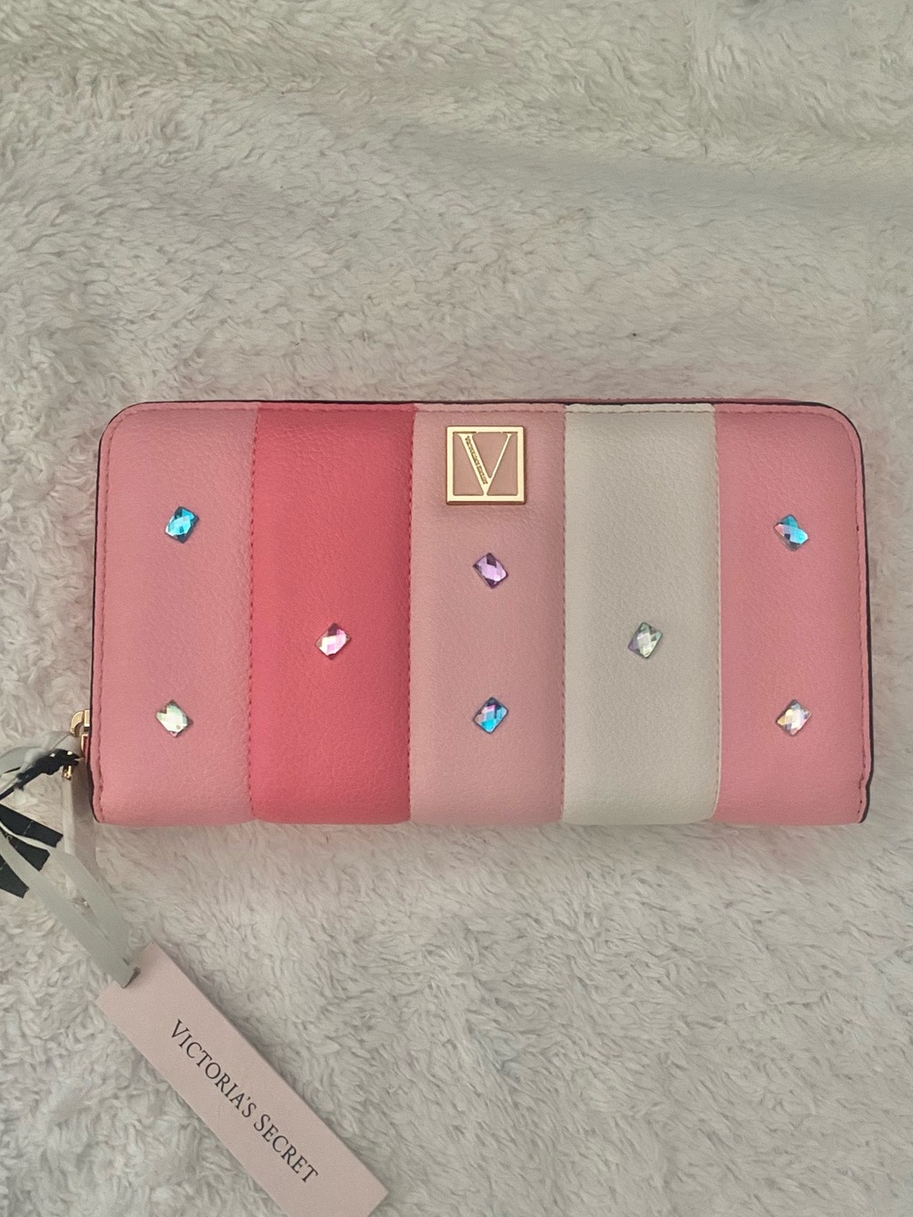 Victoria's Secret Pink and Blush Striped Zip-Around Wallet with Crystal Studs